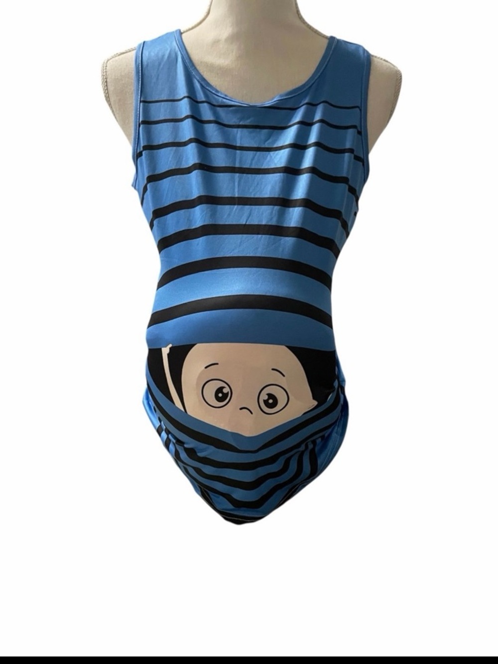 Blue Striped Baby Bump Maternity Tank with Peekaboo Cartoon